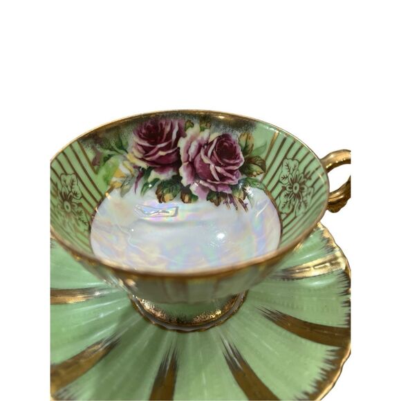 Vintage Royal Sealy Teacup & Saucer Mint Green Gold Iridescent Roses Japan Rare - Picture 12 of 16